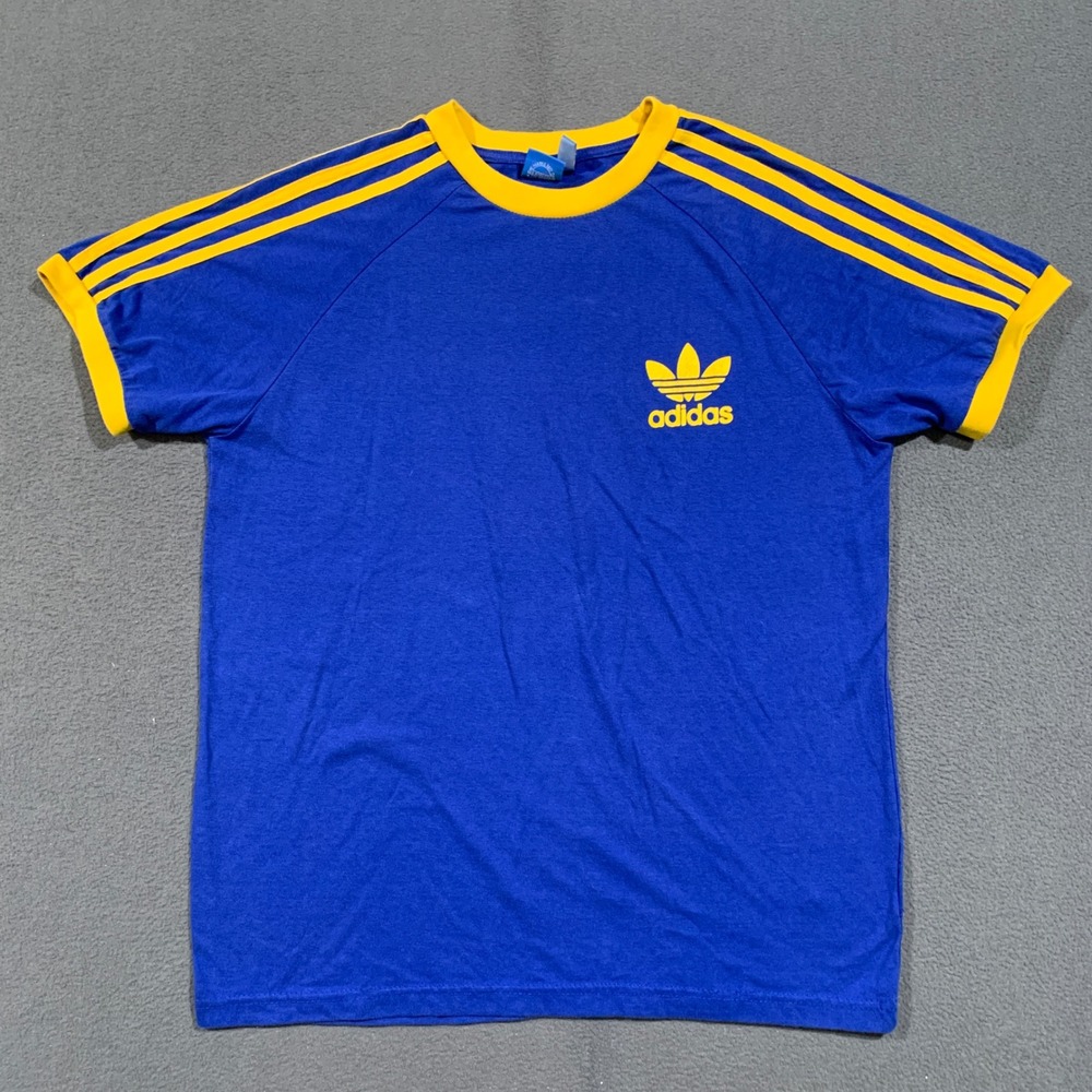 Adidas Ringer T-Shirt Men Large Blue Yellow Trefoil 3-Stripes Retro Sporty Tee